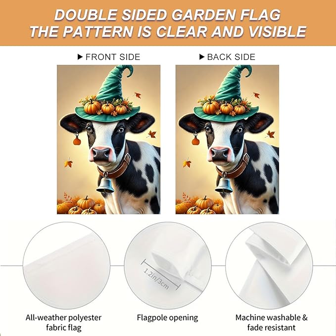Happy Fall Garden Flag Halloween Flag Cute Cow Calf 12x18 Inch Witch Hat Pumpkins Autumn Leaves Festive Double Sided Outdoor Banner For Front Yard Porch Lawn Patio Seasonal Home Decor