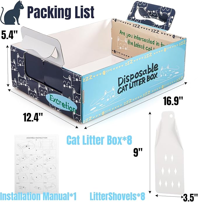 Hiceeden 8 Pcs Disposable Litter Box for Cats, 16.9" x 12.4" x 5.4" Travel Cat Litter Boxes with Disposable Scoops, Portable Cardboard Litter Box with Double Waterproof Coating, Blue