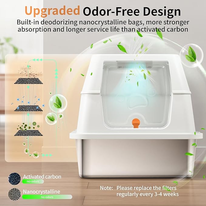 Stainless Steel Cat Litter Box with Lid, 180° Flip-Top XL Extra Large Enclosed Litter Box, Covered Metal High Sided Litter Pan with Steps & Scoop, Easy Cleaning, Odor Control,Non-Sticky-White