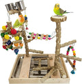 PINVNBY Bird Playground Natural Wood Parrot Perch Stand Bird Play Gym Colorful Ladder Swing Chewing Toys with Metal Tray and 2 Stainless Steel Cups Cage Accessories for Conure Cockatiel Parakeet