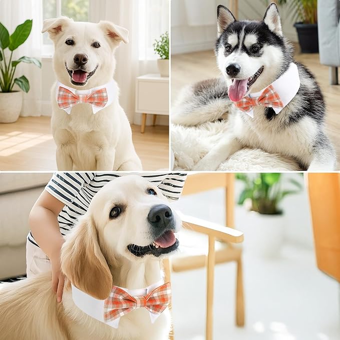 Segarty Dog Bow Tie, Adjustable Orange Plaid Bowtie Collar for Neck Girth 12.6-15.7in, Large Dog Tie Tuxedo Comfortable Cotton Boy Pets Grooming Accessories for Formal Wedding Holiday Birthday Party