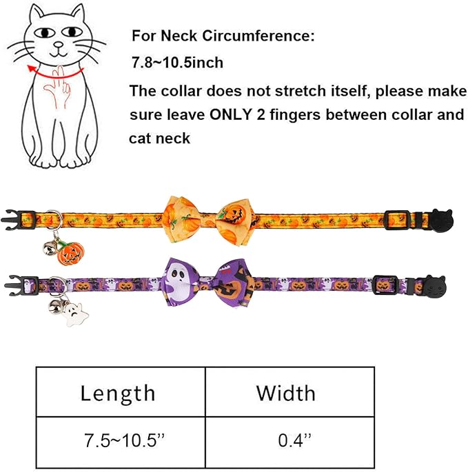 ADOGGYGO Halloween Cat Collars with Bow Bell, Breakaway Kitten Collar with Bowtie Pumpkin Ghost Halloween Collar for Girl Boy Cats Kittens