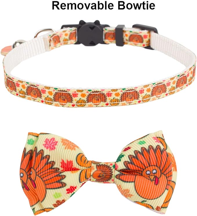 ADOGGYGO Thanksgiving Cat Collars with Bow Bell, Breakaway Fall Kitten Collar with Bowtie Pumpkin Turkey Collar for Girl Boy Cats Kittens