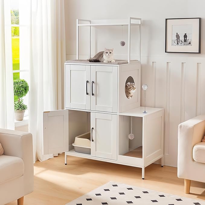 HOOBRO Litter Box Enclosure, Litter Box Furniture with Storage, 2-in-1 Hidden Cat Furniture with Shelf, 2 Dangling Plush Balls and 1 Toy Ball, Large Wooden Cat Washroom, White WT78MW01