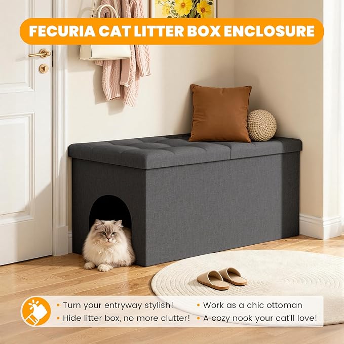 3-in-1 Cat Litter Box Enclosure with Odor Control, Multi-Functional Hidden Litter Box Furniture Bench, Dog Proof, Space-Saving Ottoman Cabinet with Flip-Up Lid, Extra Large, Dark Grey