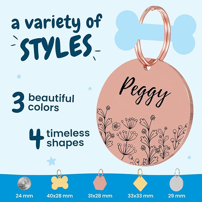 PawFurEver Custom Engraved Pet ID Tag – Personalized Dog Name Tag for Dogs and Cats, Stainless Steel Collar Accessory with Cute Designs for pet Name Tags (Hexagon, Rose)