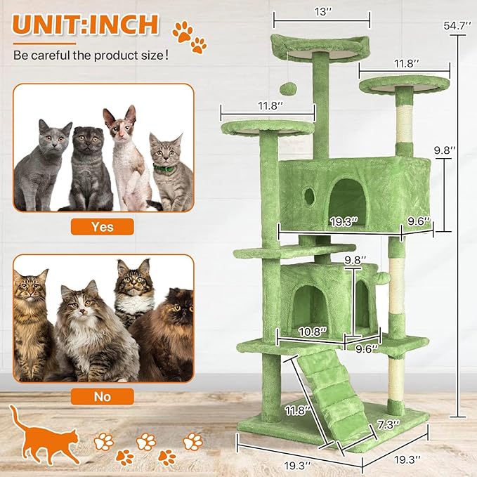 54” Cat Tree Tower for Indoor Cats - Multi-Level Playhouse with Sisal Scratching Posts, Condo, Perch & Hanging Toy - Tall Cat Furniture Activity Center (Green)
