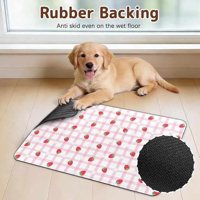 Dog Food Mat for Bowls, Absorbent Quick Dry Dog Cat Mats for Food and Water, Non-Slip Backing Pet Mat Pet Supplies - Strawberry Pattern