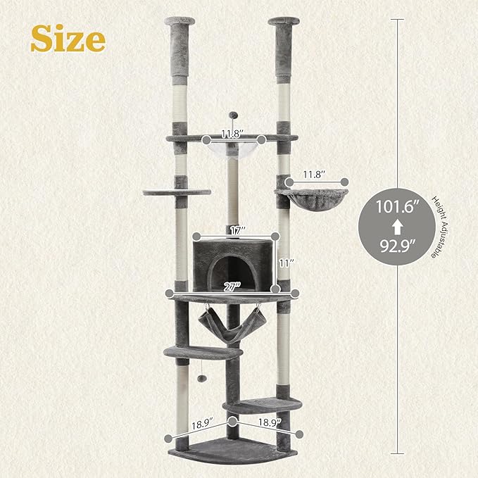 PETEPELA Floor to Ceiling Cat Tree, 92.9''-101.6''Height Adjustable Cat Tower Tall Cat Climbing Play House, Cozy Condo, Scratching Post and Spacious Hammock for Indoor Cats Large Adult, Gray