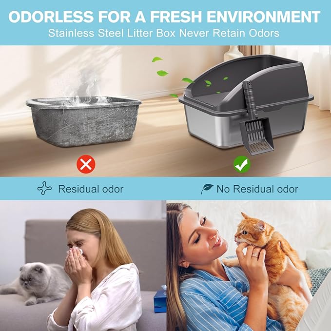2PACK Stainless Steel Cat Litter Box,Large Litter Box with High Sides for Small Multiple Cats,Kittens,Metal Kitty Litter Boxes with Anti-Leak Lid,Non-Stick,Odorless,Easy to Clean,Scoop Included
