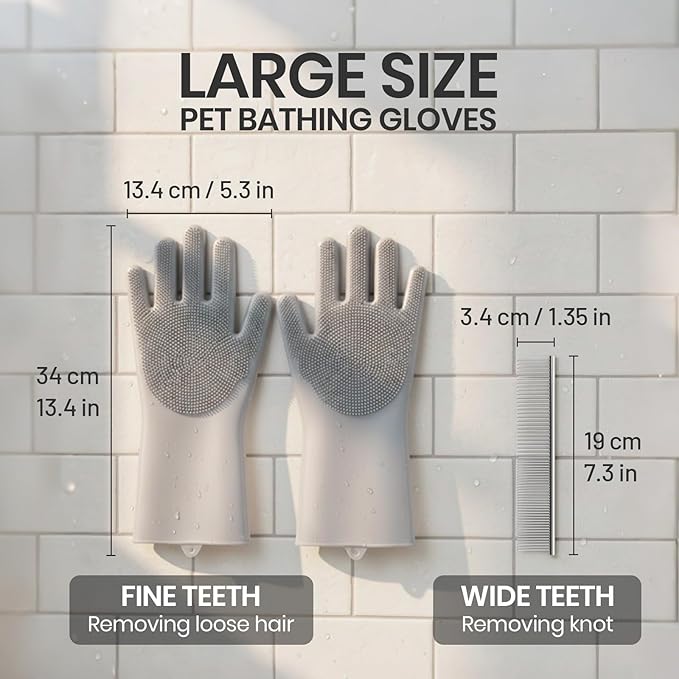 DELOMO Dog Washing Gloves with Comb: Soft and Gentle Silicone Pet Grooming Gloves - Bathing Scrubber Brush Mitt Grooming Shedding Fur Removal Massage for Dogs/Cats/Horse, Grey