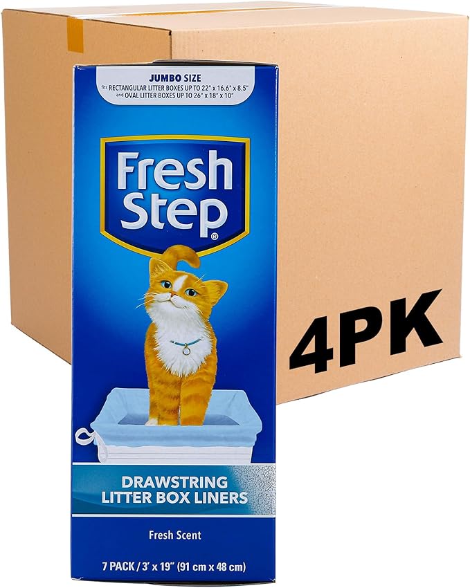 Fresh Step Jumbo Drawstring Cat Litter Box Liners, Scented Heavy Duty Kitty Litter Bags for X-Large Oval or Rectangle Pans, Helps Contain Mess for Easy Lift Out Cleanup, 36 x 19 in, 7 Count - 4 Pack