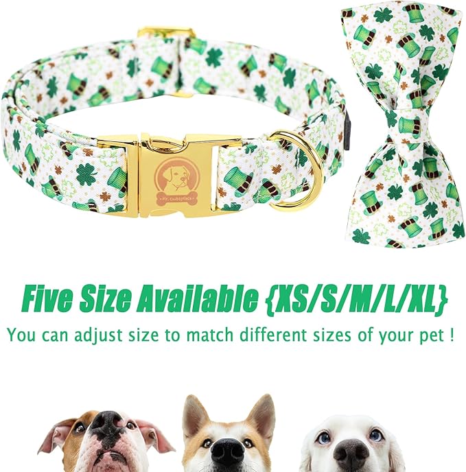 MR. CHUBBYFACE St.Patrick's Clover Dog Collar with Bowtie, Green Clovers Shamrock Pattern Metal Buckle Dog Collar Adjustable Shamrock Collar for Small Medium Large Dogs