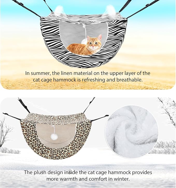 Unittype 2 Pieces Cat Cage Hammock Hanging Pet Bed Double Layer Soft Plush Hanging Pet Comfortable Hammock Bed for Indoor Kitten Ferret Hamster Rabbit or Small Animals, 2 Styles(Leopard)