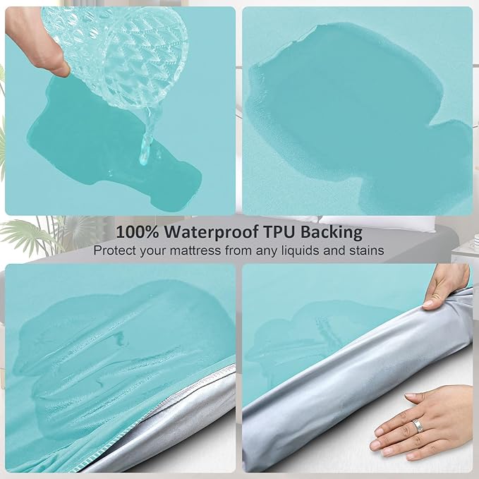 Waterproof Mattress Protector Queen, Fitted Sheet Style Breathable Mattress Cover with Deep Pocket Fits Up to 18'', Noiseless Bed Cover for Kids Adults Pets, Machine Washable (Cyan, 60'' X 80'')
