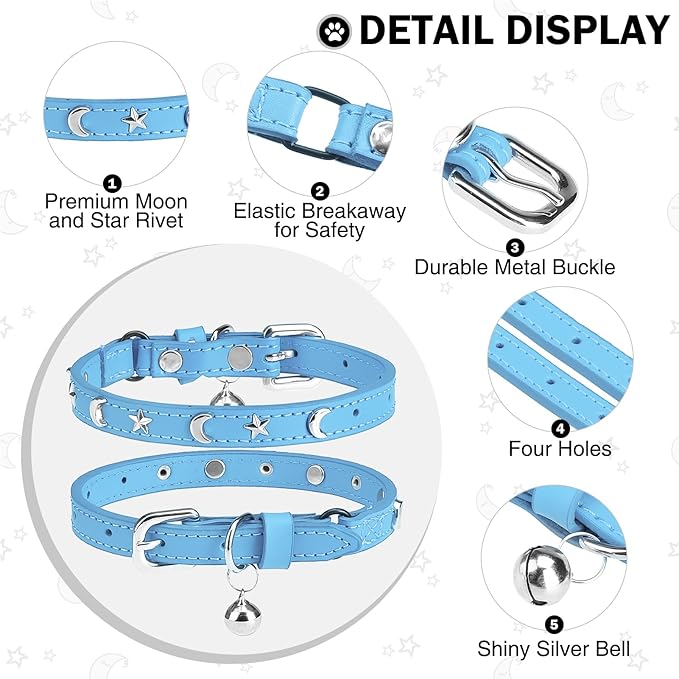 Leather Cat Collars for Boy Girl Cats with Bell and Safety Elastic Belt, Personalized Star and Moon Stud Adjustable Safe Buckle Collar for Kitty Small Big Cats Size 7-9 Inch, Light Blue