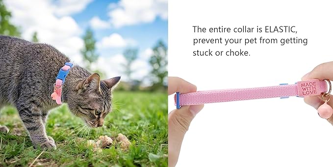 Elastic Cat Collar 2 Pack of Safety Quick Release Cat Collars with Bell Anti-Suffocation Kitten Puppy Collars(Pink+Lilac)