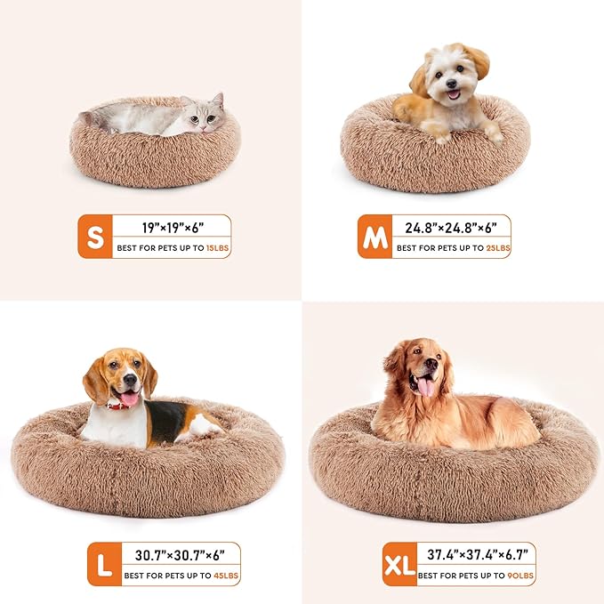 Sweetcrispy Donut Dog Bed, Large Round Calming Cat Bed with Washable Waterproof Cushion, Anti-Anxiety & Anti-Slip Fluffy Cuddle Cozy Faux Fur Plush for Pet Puppy Indoor Sleeping (30.7"x30.7", Brown)