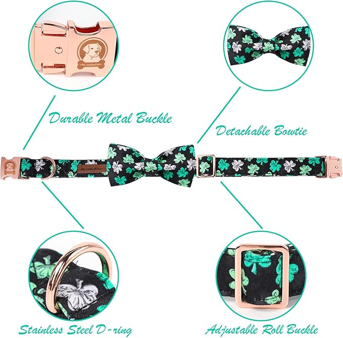 MR. CHUBBYFACE St.Patrick's Clover Dog Collar with Bowtie, White Green Clovers Shamrock Pet Collar with Metal Buckle, Soft Adjustable Puppy Collar for Small Medium Large Dogs