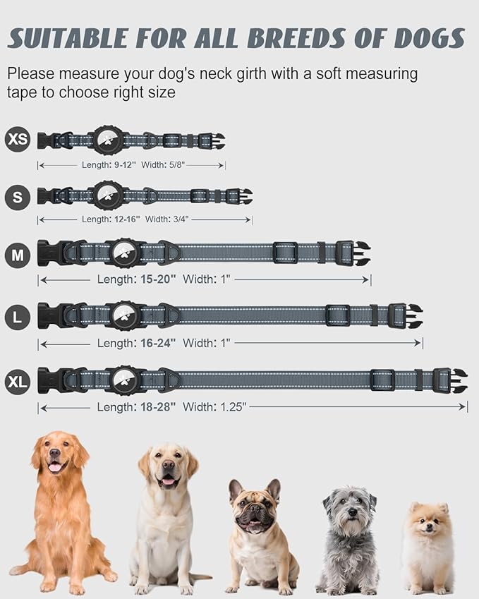 Joytale Airtag Dog Collar, Reflective Pet Collar with Waterproof AirTag Holder, Dual D-Rings, Soft Padded Adjustable for Extra Large Dogs, Gray, XL