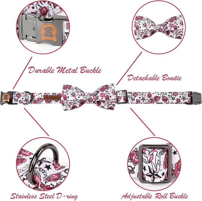 MR. CHUBBYFACE Valentine's Dog Collar with Bow Tie-Cute Pink Rose Cotton Dog Collar, Adjustable Valentine's Boy Girl Dog Collars with Metal Buckle for Small Medium Large Dogs
