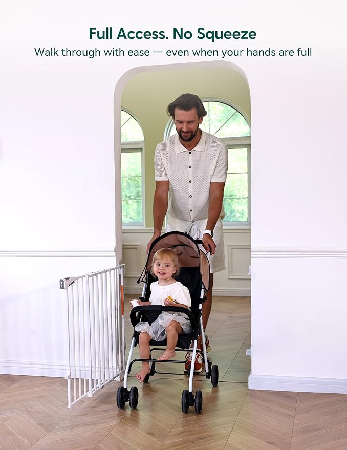 Babelio Baby Gate for Stairs, Kitchen & Doorways, No Bottom Bar| Easy Installation| One-Handed Operation| Auto-Close| Hardware Mount (Drill Needed) Safety Dog Gate (White - B17, 34" H, 29-49" W-Wide)