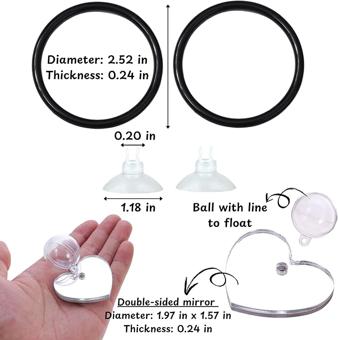 Betta Ring and Mirror Toy for Aquarium, 2 pcs Betta Ring Enrichment Toys, Floating Exercise Mirrors for Fish Tank and Training Feeding Rings, Fish Toys, Aquarium Accessories (Black, M-Heart)