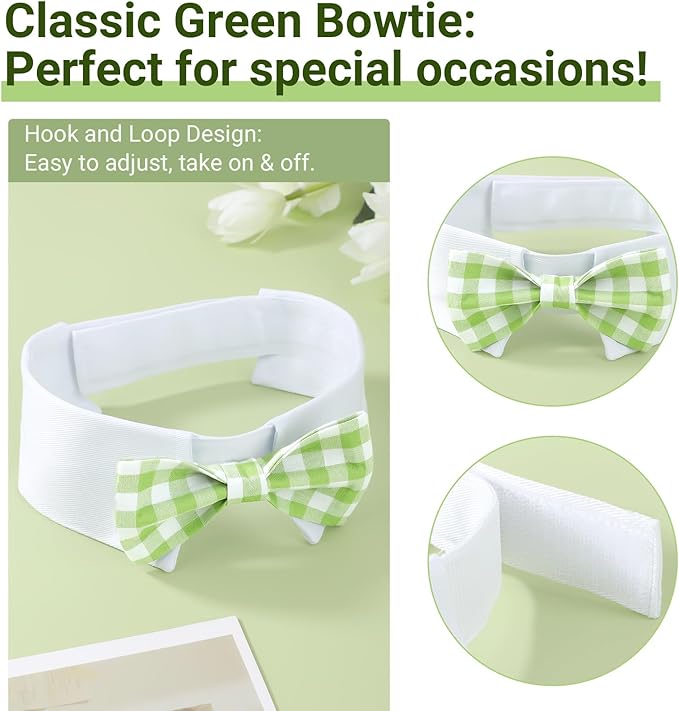 Segarty Dog Bow Tie for Neck Girths 12.6-15.7 inch, Adjustable Green Plaid Bowtie Collar for Dogs, Pet Neck Tie Tuxedo Comfortable Cotton Pets Grooming Accessories for Wedding Holiday Birthday Party