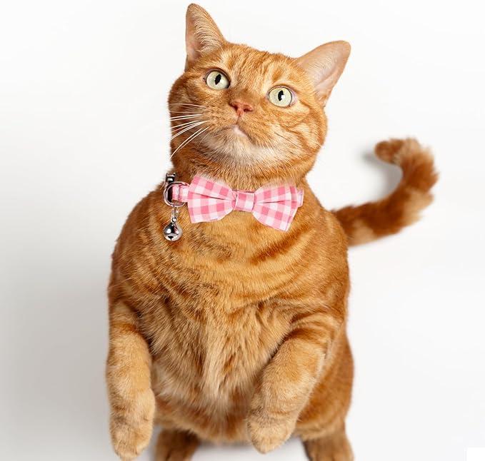 Sliverdew 2 Pcs Kitten Bow Tie Collar with Bell Cute Cat Collar for Girl Boy Cats Breakaway Cat Collars Adjustable Small Puppy Safety Collar Solid Color Plaid Pet Collar (Pink)