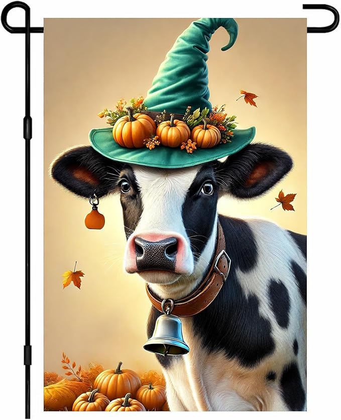 Happy Fall Garden Flag Halloween Flag Cute Cow Calf 12x18 Inch Witch Hat Pumpkins Autumn Leaves Festive Double Sided Outdoor Banner For Front Yard Porch Lawn Patio Seasonal Home Decor
