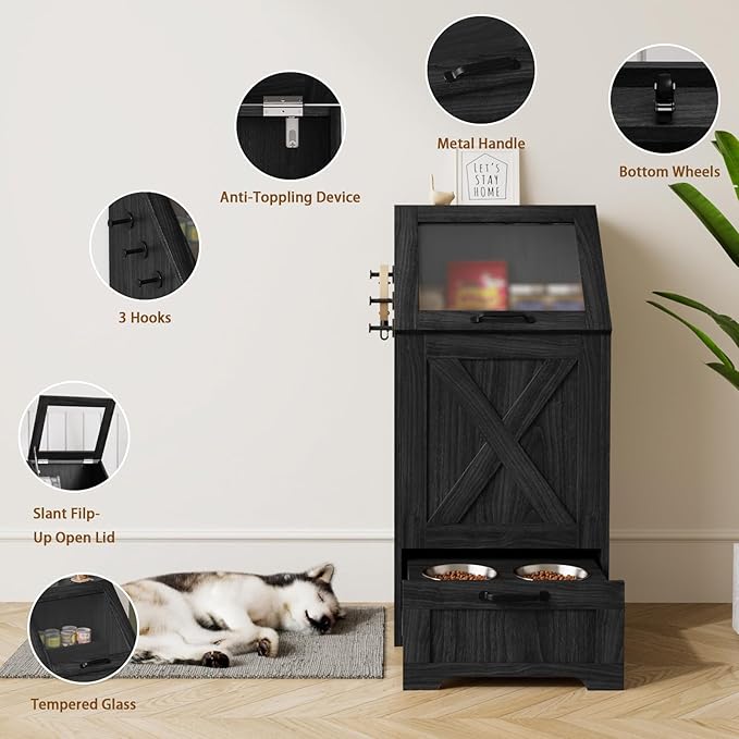 Dog Feeding Station with Storage Cabinet and 2 Elevated Dog Bowls, Hidden Pet Food Storage Organizer for Dog &Cat,Modern Dogs Furniture (Black)