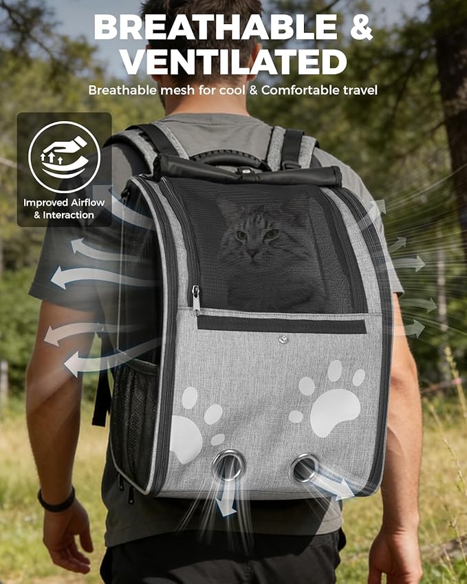 Cat Carrier Backpacks for Kitty Small Dog up to 15 lbs, Lightweight and Foldable Dog Backpack Carrier with Breathable mesh for Travel, Walking, Hiking, Camping and Vet (Grey)