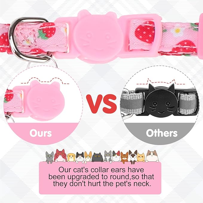 Breakaway Cat Collars with Bell & Cute Pendants - 3 Pack Adjustable Safety Kitten Collars - Decoration for Girl Boy Cats Puppy and Small Pets (Style C - Strawberry)