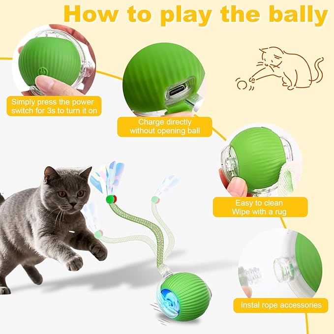 Interactive Cat Toys Ball for Indoor Cats＆Dog,Automatic Cat Toy 360° Auto-Rotation Smart Obstacle Avoidance,Includes 1 Speedy Tail 2.0 Ropes,Cat Enrichment Toys for Indoor Cats (Green)