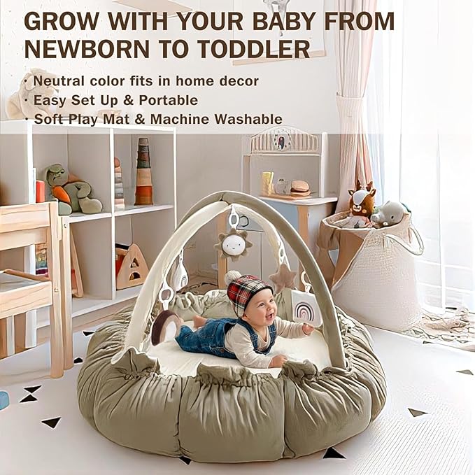 Little Dove 5-in-1 Convertible Baby Play Gym with 6 Toys, Tummy Time Mat for Sensory Development, Baby Activity Center for Newborn & Toddler, Ball Pit, Soft Pet Mat, No Ball Included Brown