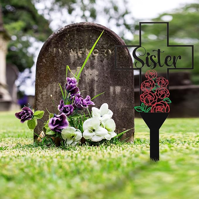 BUoonyer Sister Memorial Graves Markers Cemetery Decorations, Metal Cross Stakes Grave Stones Cemetery Headstones Decor, Girls Graveyard Remembrance Graveside Sign for Garden Outdoor Outside Yard