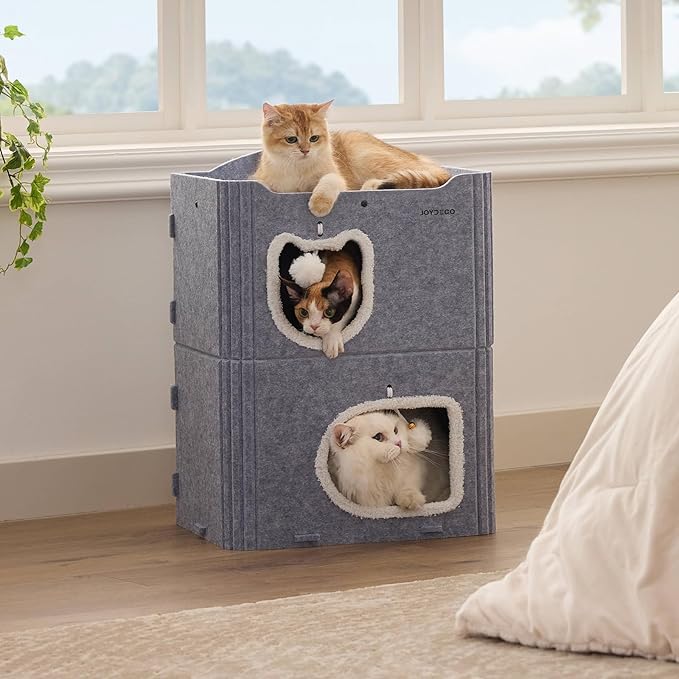 Joydeco Cat House for Indoor Cats, 2 Story Scratch Resistant Felt Cat Condo, Hideaway Pet Cave Bed with Fluffy Ball and Tunnel for Kitten, Small Dogs, Rabbits, 17.7 x 13.3 x 24, Grey