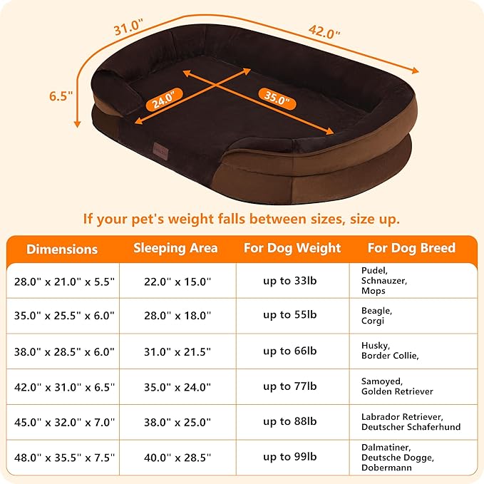 Dwanton Orthopedic Dog Bed for Large Dogs with Gel Memory Foam, Waterproof Dog Sofa, Washable Pet Bed with Four Sided Bolster Cushion, Removable Cover & Non-Slip Bottom, 42", Brown