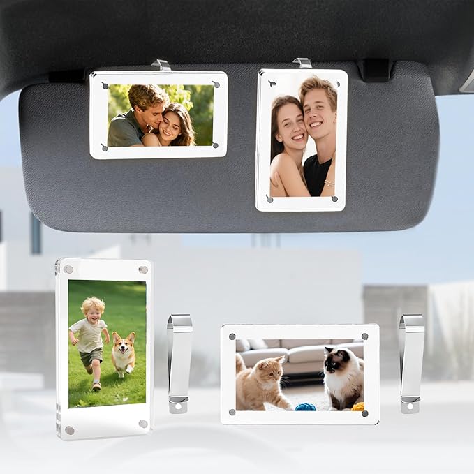 16 PCS Car Picture Holder, Car Visor Photo Clip, Acrylic Magnetic 3 Inch Car Photo Holder for Sun Visor Horizontal & Vertical Display, Personalized Car Decor Accessories for Family, Couple, Pet Photos
