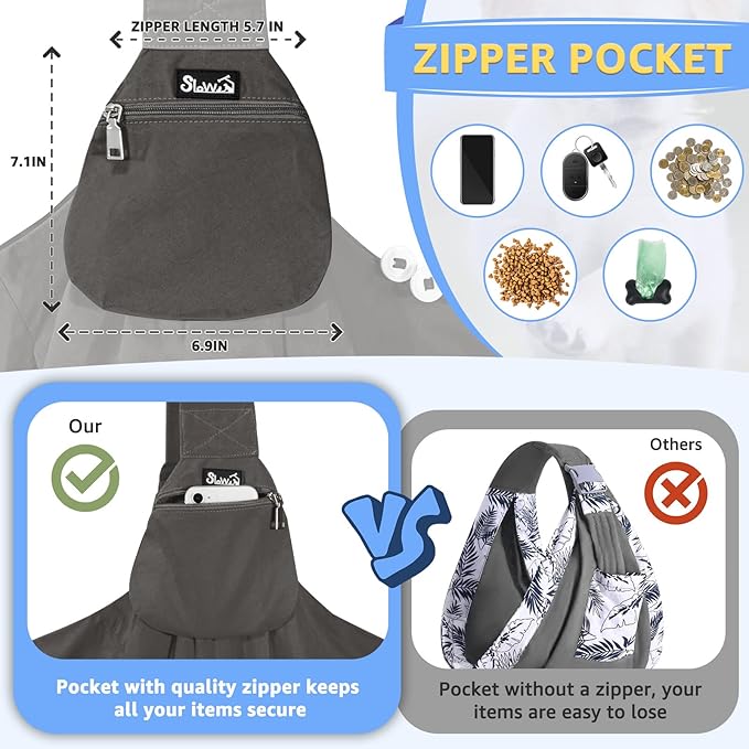 SlowTon Dog Carrier Sling - Thick Padded Shoulder Strap Adjustable Dog Carriers for Small Dogs, Puppy Carrier Purse for Pet Cat with Front Zipper Pocket Safety Belt Machine Washable (Gray, XS)