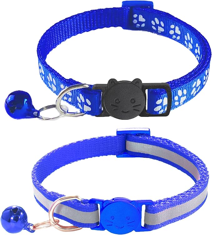 2 Pack Breakaway Cat Collars with Bells, Reflective Design and Claw Print Design, Safety Buckle Kitten Collars Adjustable from 7.5 to 12.5 Inches (Navy Blue)