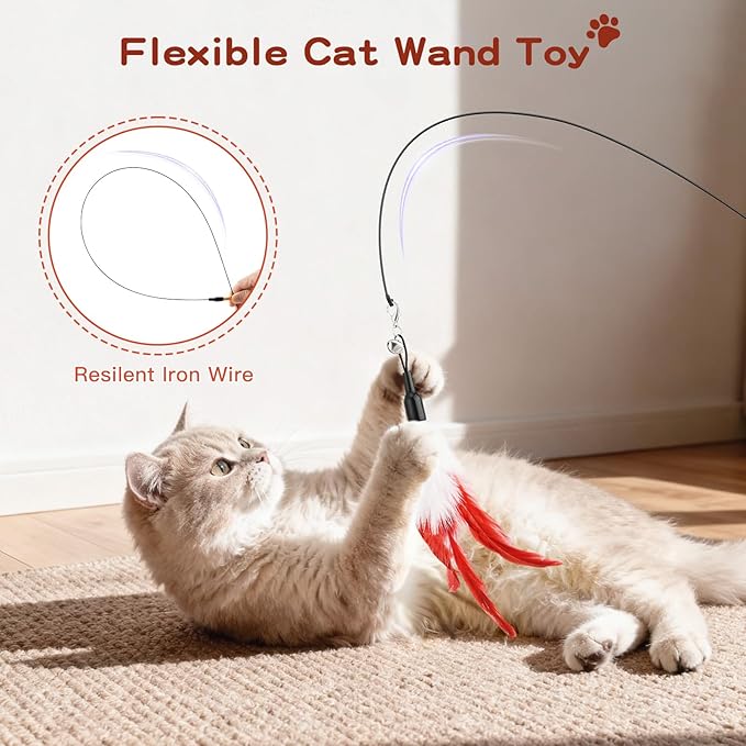 Pawaboo Feather Teaser Cat Toy - Interactive Wand with Extra Long 34.5" Wand and Small Bell, Exerciser Playing Toy for Kittens or Cats, Wine Red & White Feather