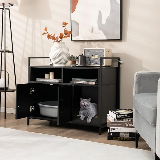 Giantex Cat Litter Box Enclosure - Cat Washroom Hidden Furniture with Front Entry, Scratcher, 2-Door Storage Cabinet, 2 Compartments, Air Vents, Metal Frame, Wooden Pet Crate House (Black)