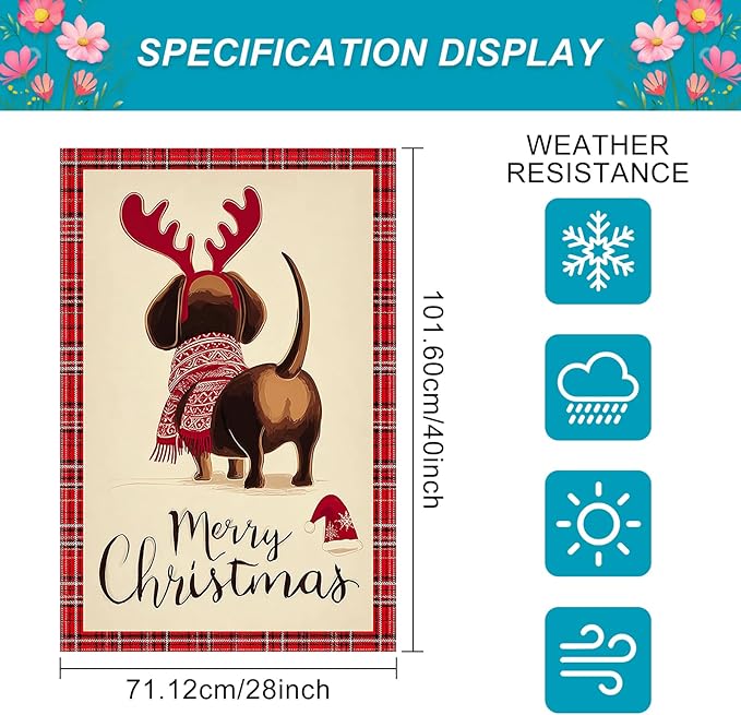 Merry Christmas Garden Flag Back View Dog Reindeer Antlers 28 x 40 Inch Double Sided Welcome Large Yard Banners for Dog Lovers Porch Home Simple Outdoor Winter Holiday Pet Decor