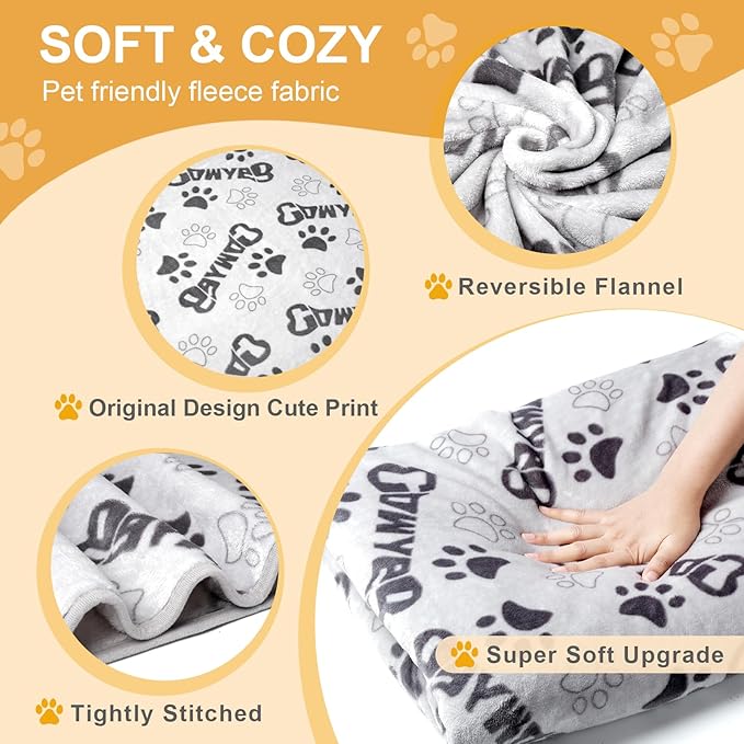 Small Dog Blanket, Soft Fleece Dog Blankets for Medium Dogs, 30X20 inches Fluffy Flannel Pet Cat Puppy Blanket Mat Cover for Bed Couch,Cute Flannel Bones & paw Print, Grey