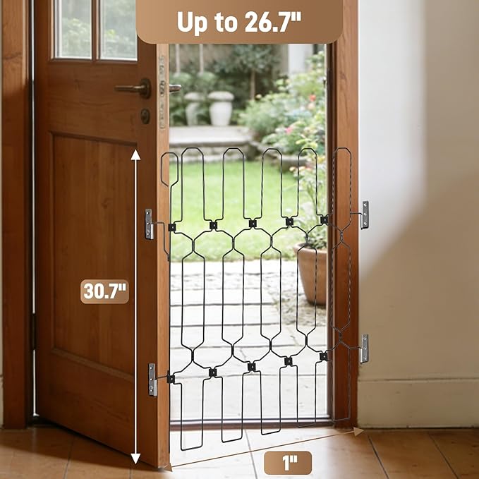 Retractable Dog Gate for Front Door 35.4" Wide 30.7" Tall Automatic Retractable Dog Barrier to Keep Pets Secure When Door Opens/Closes, Hardware Mount Front Door Barrier for Small/Large Dogs, Indoor