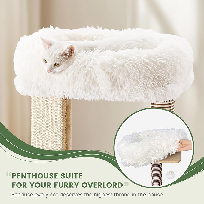 Cat Tree Tower, 41.7 in Wood Cat Condo with Sisal-Covered Scratching Posts and Plush Pom-pom, Multi-Level Climbing Cat Furniture with Jump Platform for Indoor Cats, Beige
