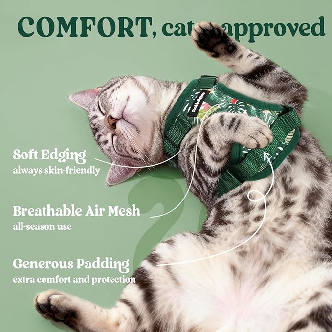 rabbitgoo Cat Harness and Leash for Walking, Escape Proof Soft Adjustable Vest Harnesses for Cats, Easy Control Breathable Reflective Strips Jacket,Rainforest Green,M