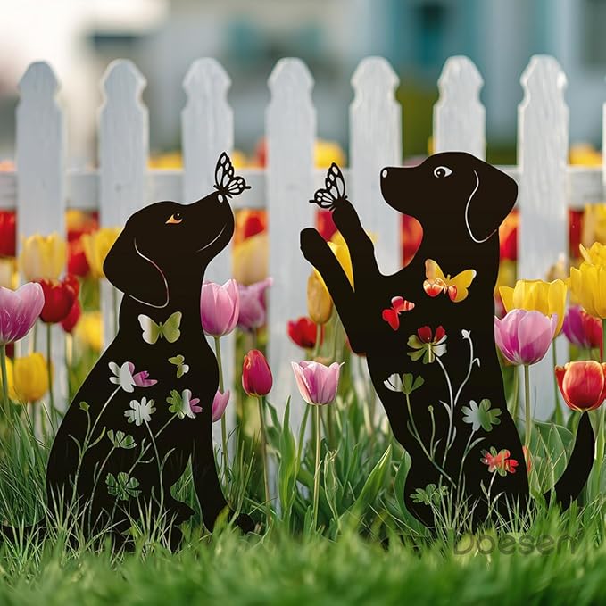 Metal Dog Garden Decor for Outside (2 Pack), 17" Puppy Decorative Garden Stakes, Black Dog Silhouette Outdoor Dog Decor, Dog Yard Art, Weather Resistant Steel Dog Yard Decor for Dog Lovers