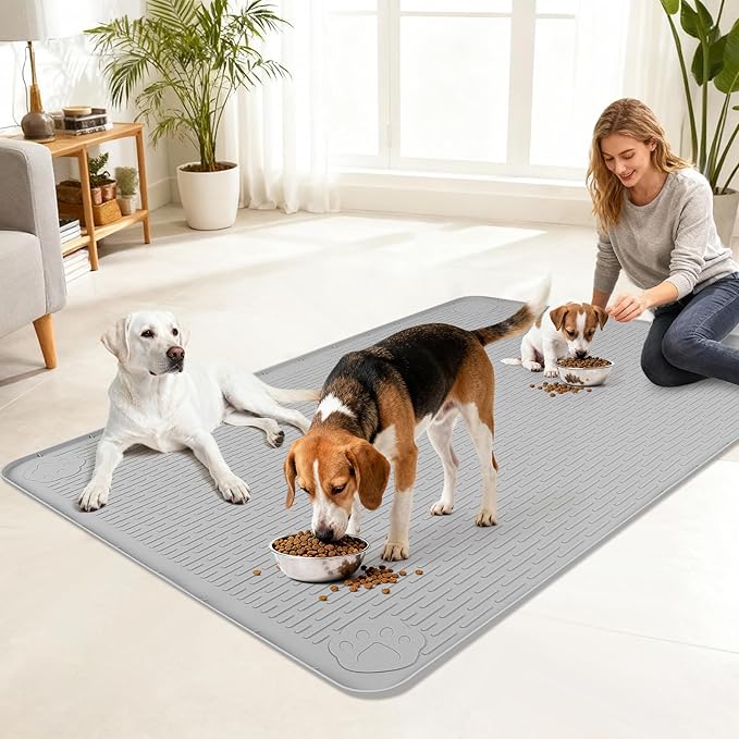 Lanstics Dog Food Mat, 50" x 35" Large Silicone Mat Dog Feeding Mat with Raised Edge Non-Slip Pet Feeding Mat for Food and Water Bowl, Easy to Clean, Floor Protection (Gray)